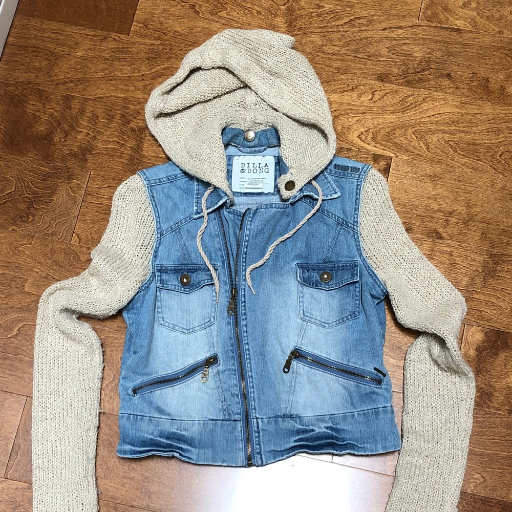 Billabong Blue Jean Jacket with Cream Knit Sleeves